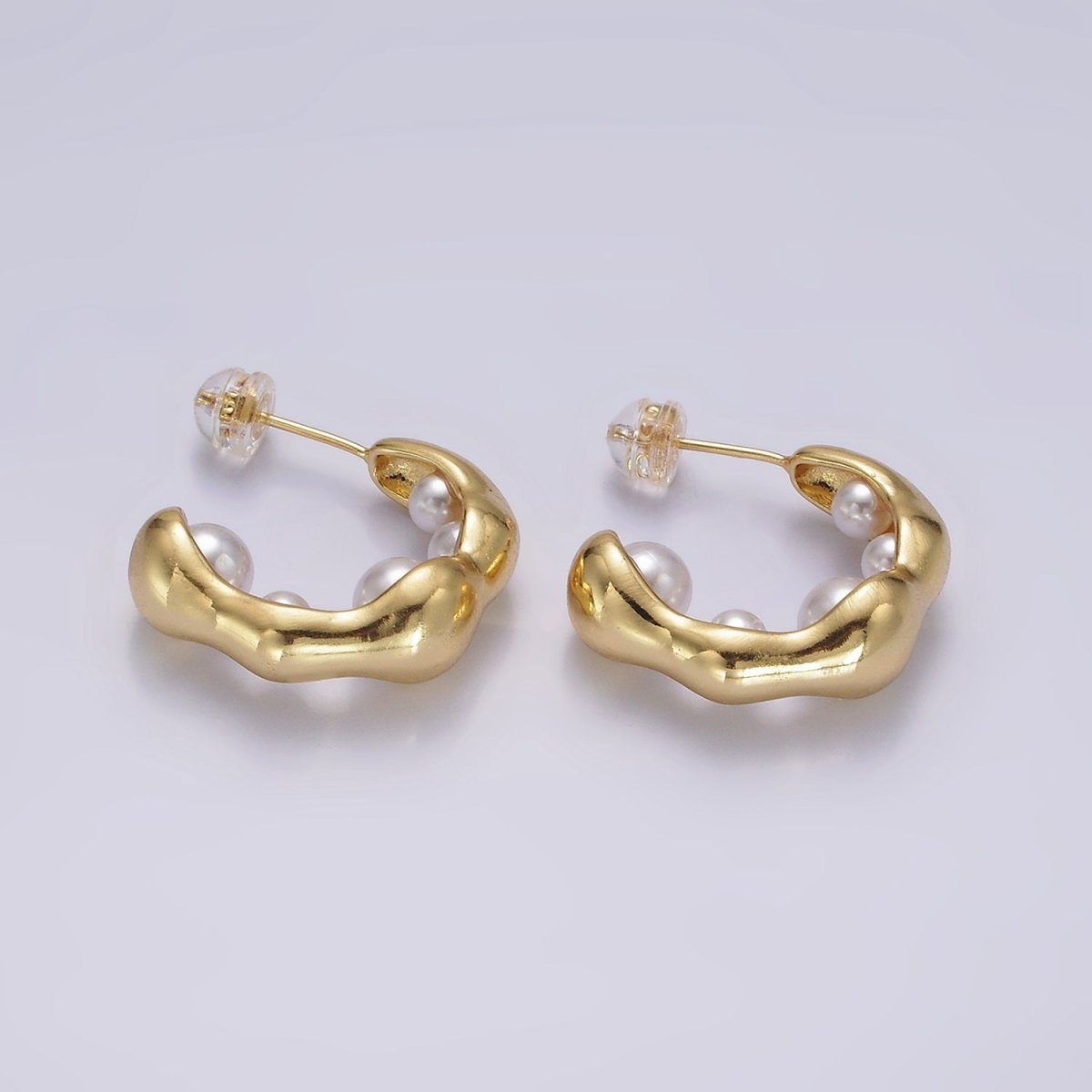 14K Gold plated Pearl Lined Molten C-Shaped Hoop Earrings in Silver & Gold | AE235 AE236