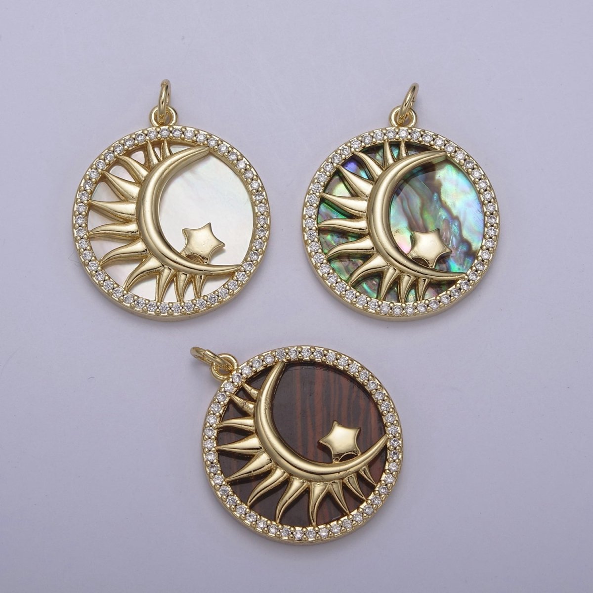 14K Gold plated Pearl, Tiger Eye, Abalone Shell Charm Pendant Crescent moon Star Charm for Celestial Necklace Bracelet Jewelry Making N-700