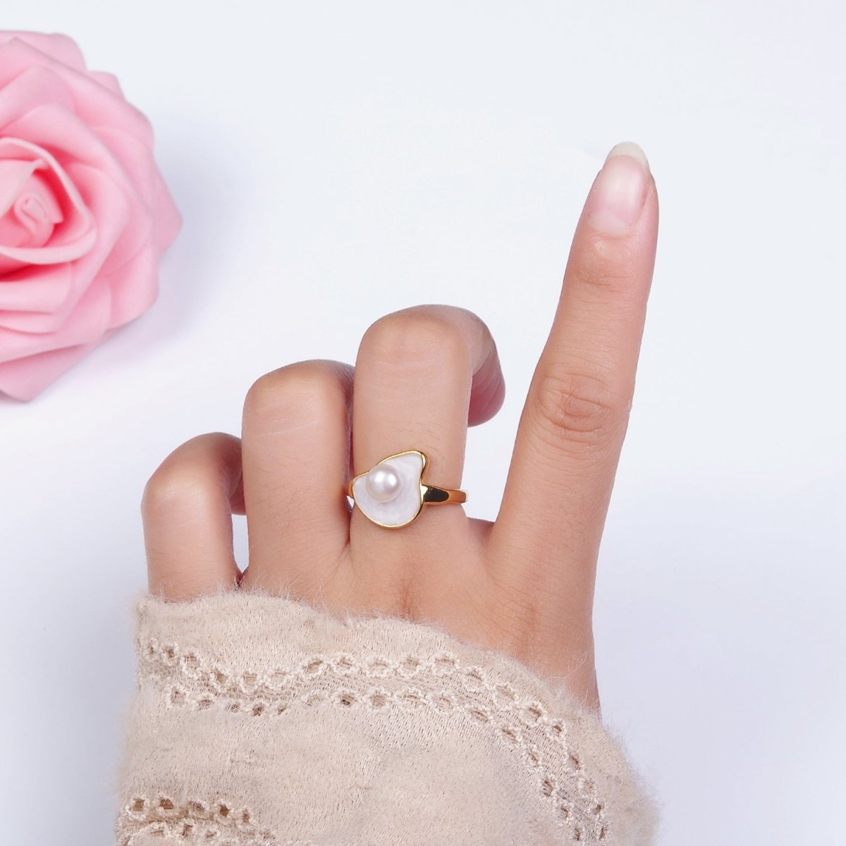 14K Gold plated Pearl White Glitter Enamel Abstract Ring in Gold & Silver | O708 O709