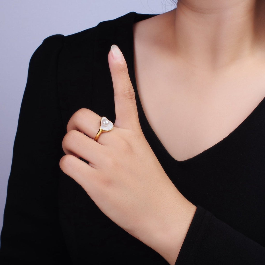 14K Gold plated Pearl White Glitter Enamel Abstract Ring in Gold & Silver | O708 O709