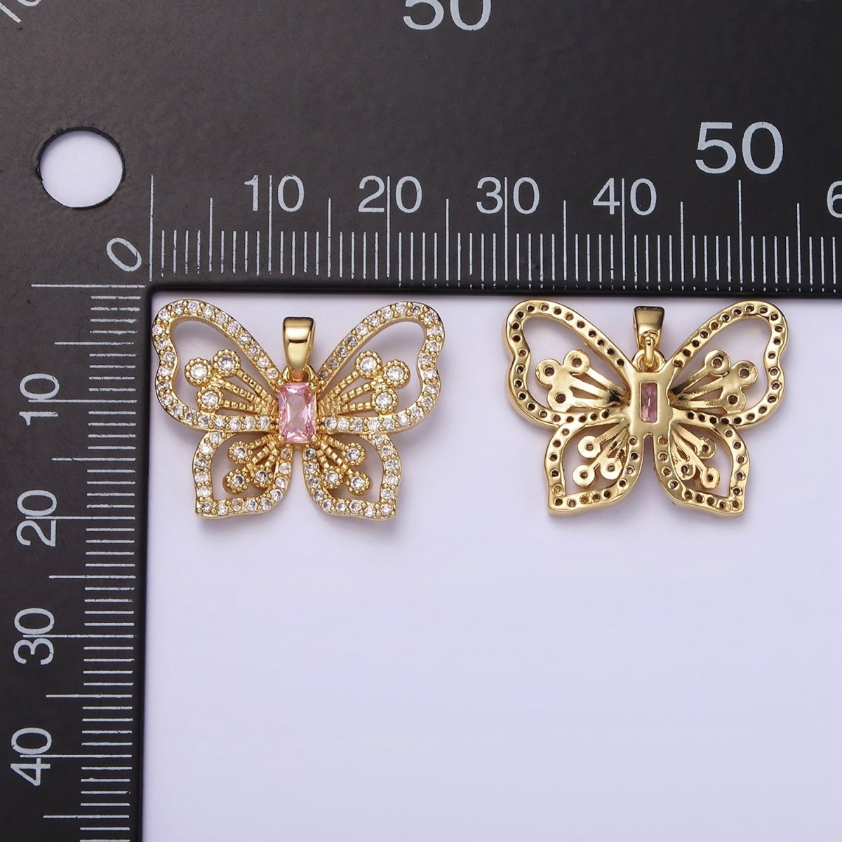 14K Gold plated Pink Baguette Micro Paved CZ Butterfly Mariposa Open Pendant | AH047 - DLUXCA