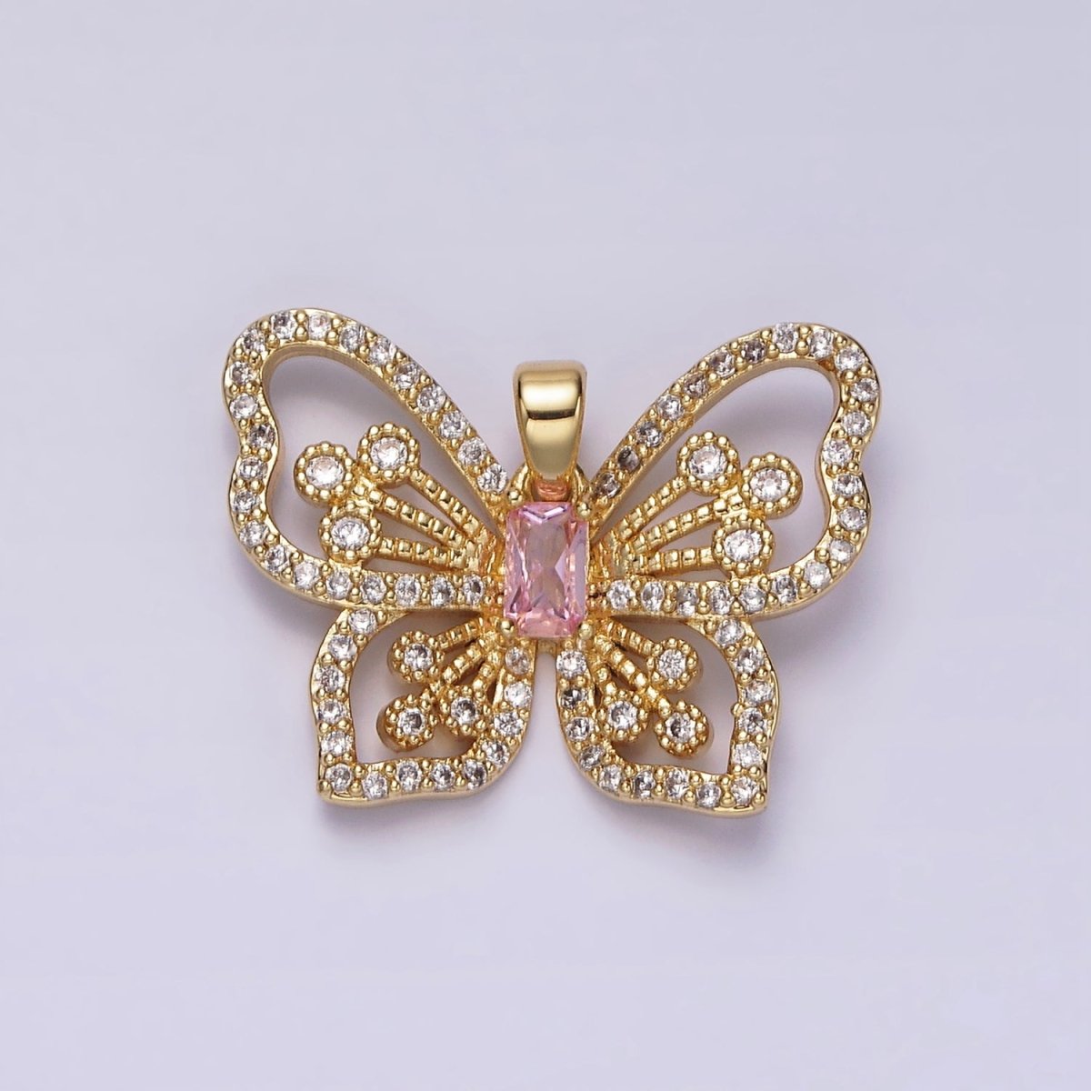 14K Gold plated Pink Baguette Micro Paved CZ Butterfly Mariposa Open Pendant | AH047 - DLUXCA