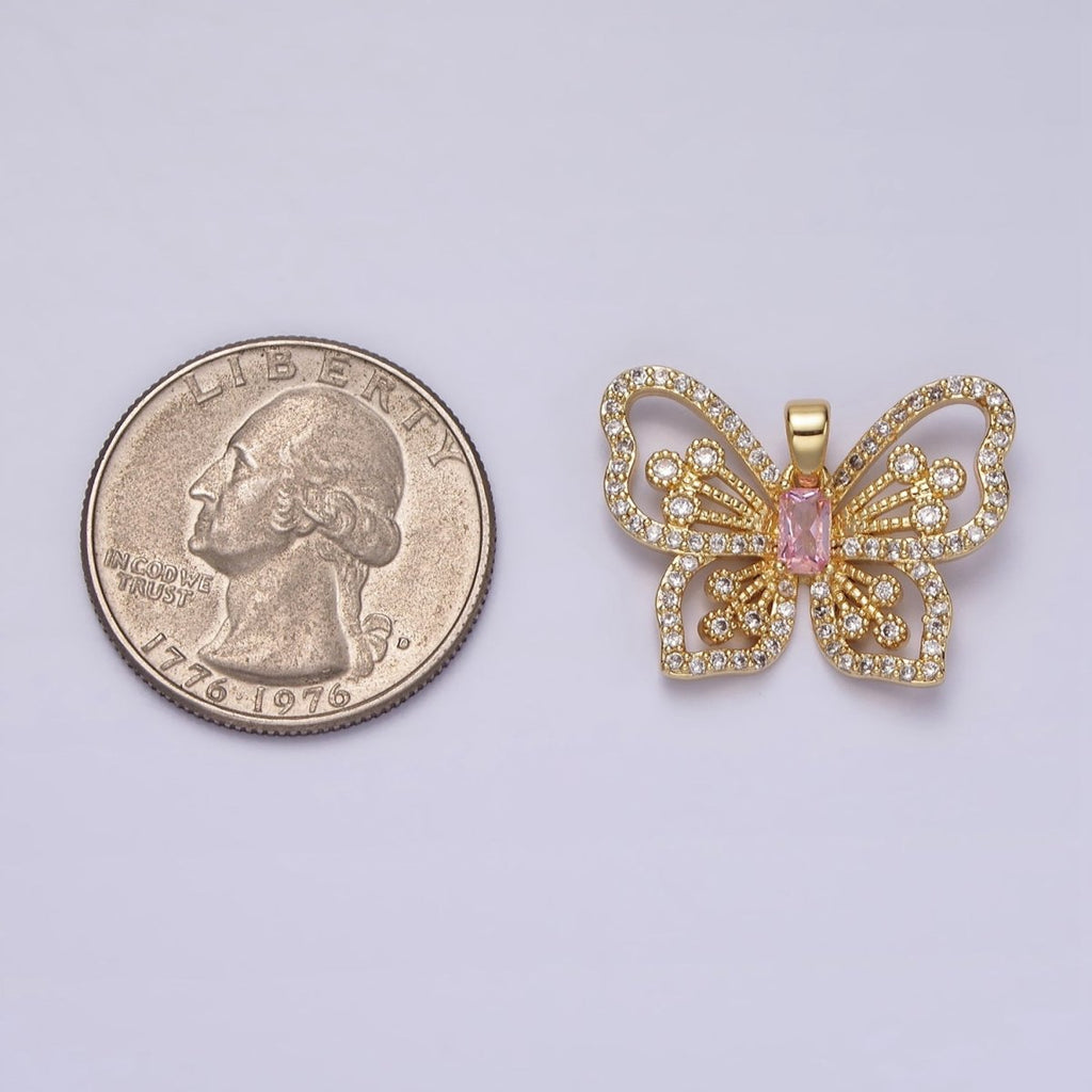14K Gold plated Pink Baguette Micro Paved CZ Butterfly Mariposa Open Pendant | AH047 - DLUXCA