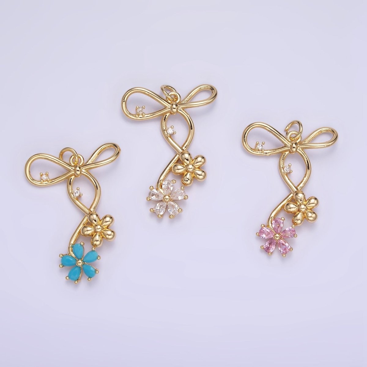 14K Gold plated Pink, Blue, Clear CZ Flower Ribbon Bow Charm | W770 - W772