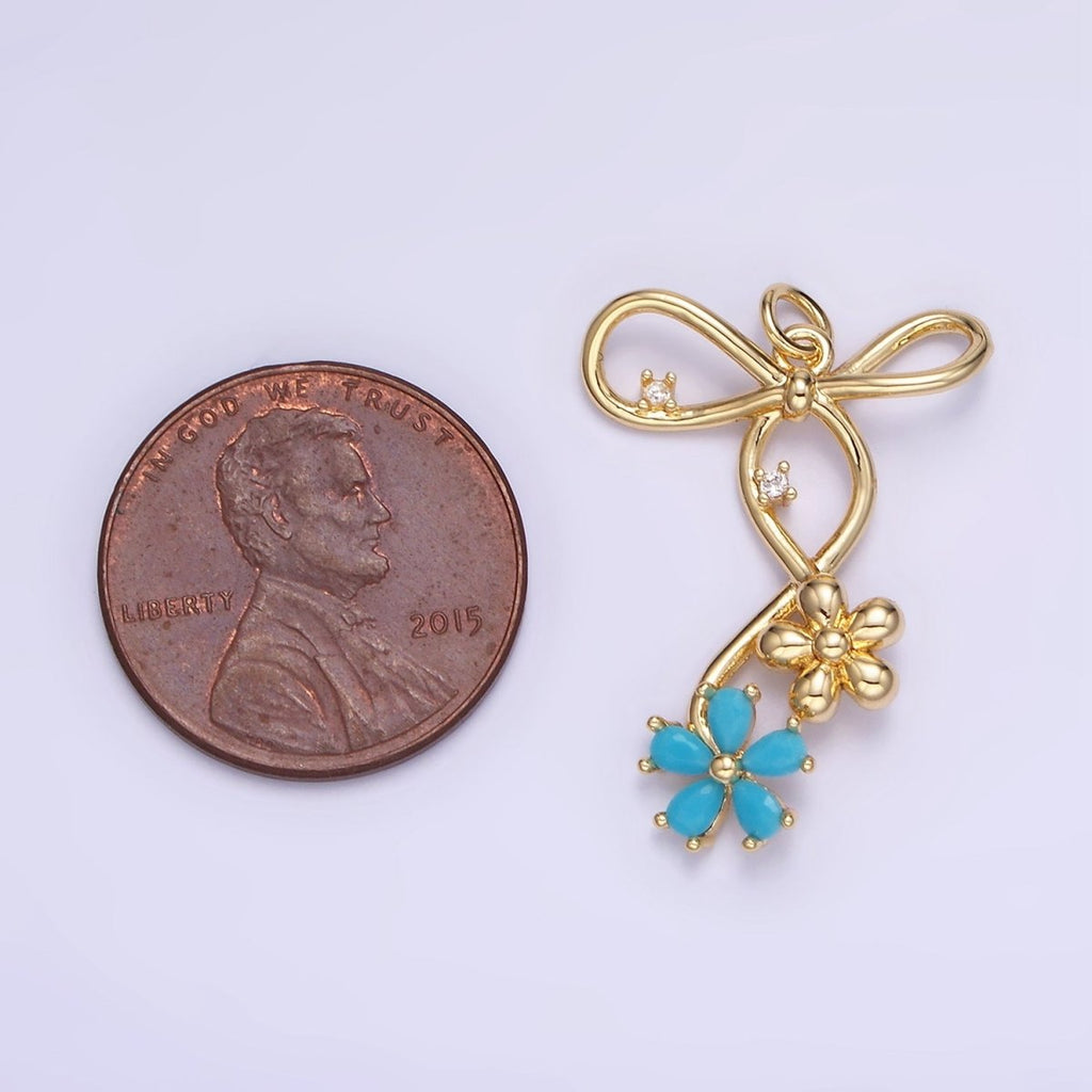 14K Gold plated Pink, Blue, Clear CZ Flower Ribbon Bow Charm | W770 - W772