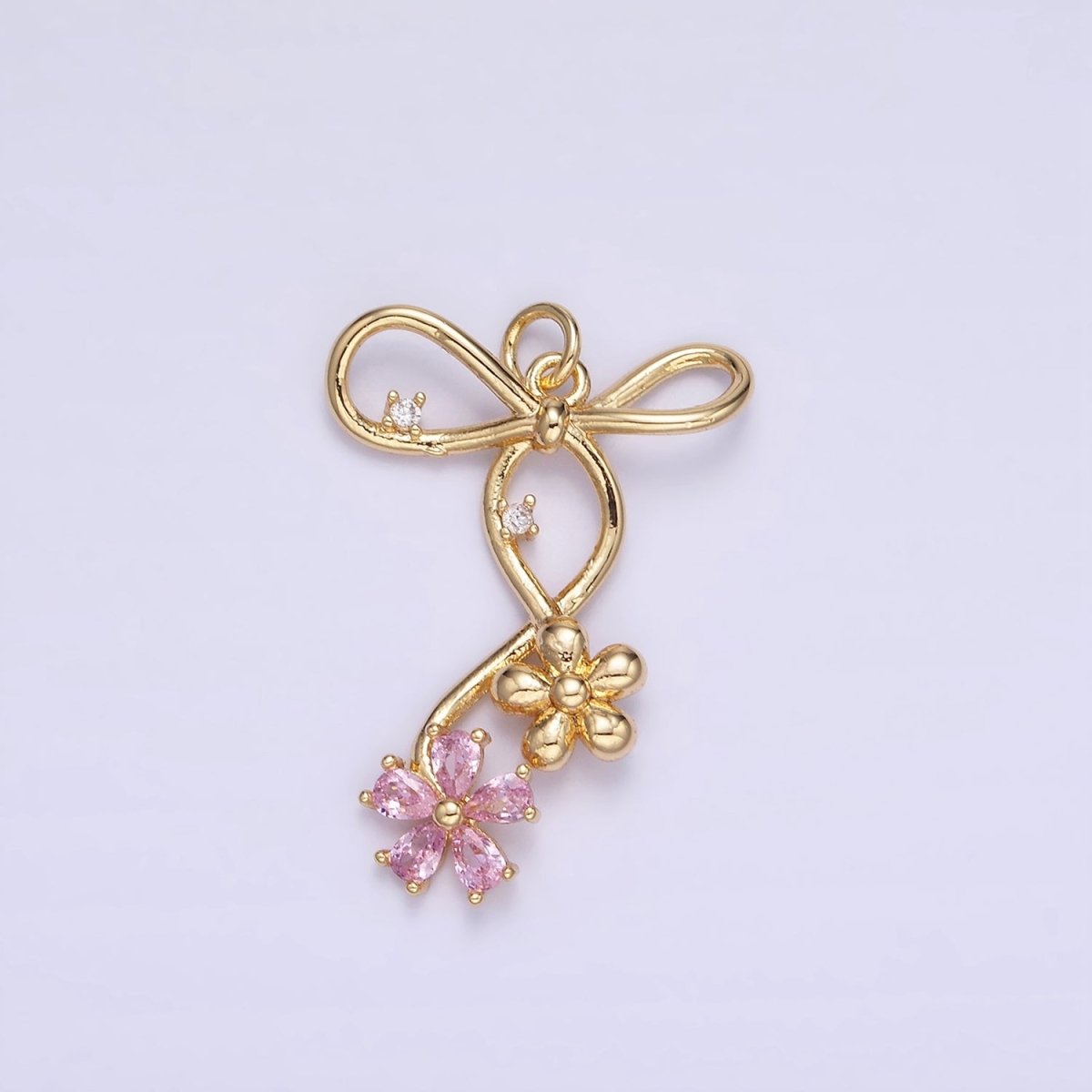 14K Gold plated Pink, Blue, Clear CZ Flower Ribbon Bow Charm | W770 - W772