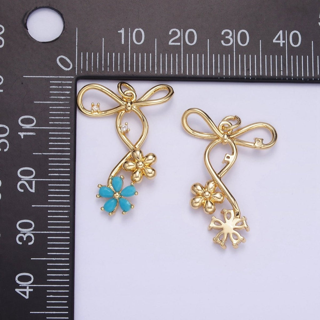14K Gold plated Pink, Blue, Clear CZ Flower Ribbon Bow Charm | W770 - W772