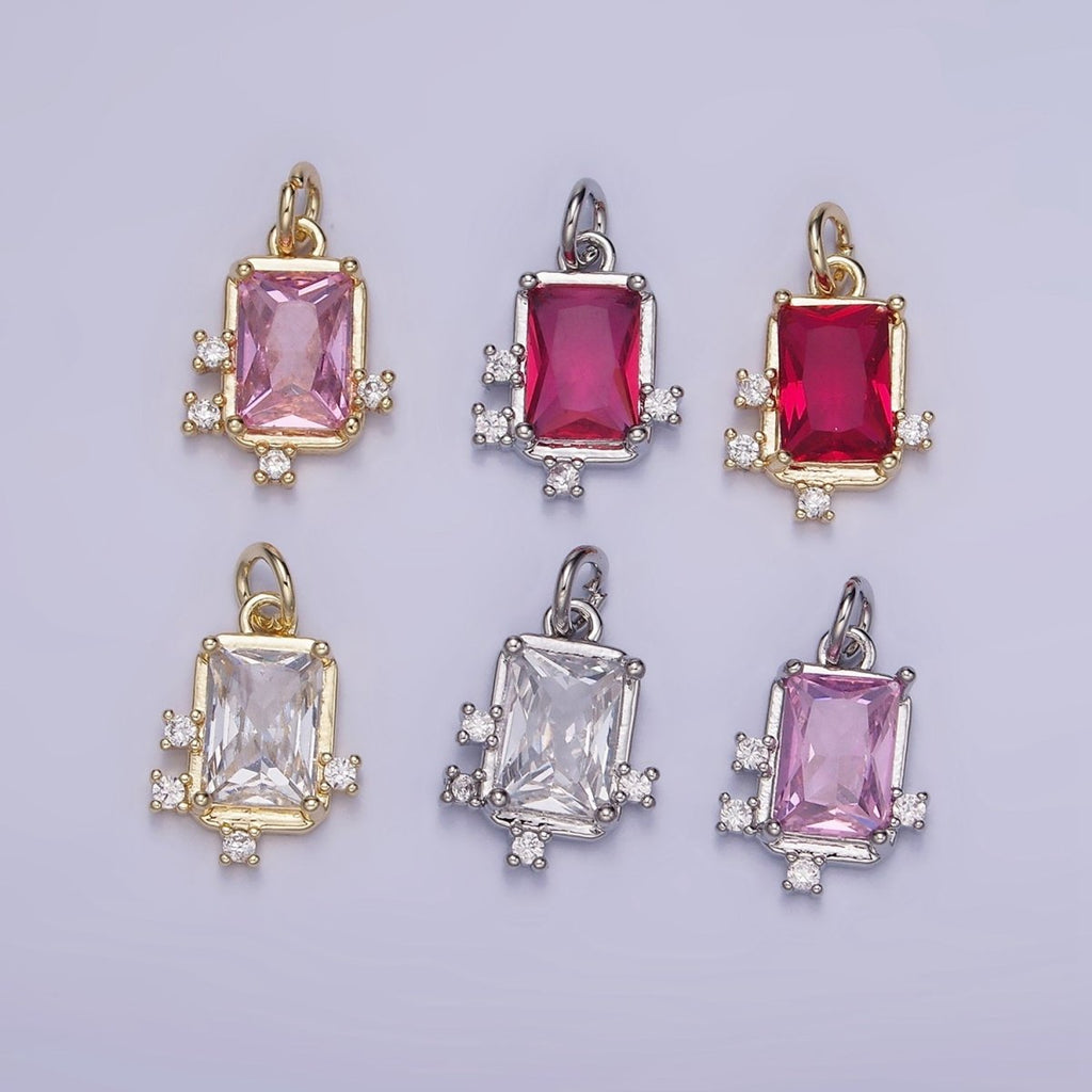 14K Gold plated Pink, Clear, Fuchsia Baguette CZ Bezel Charm in Gold & Silver | W533 - W535