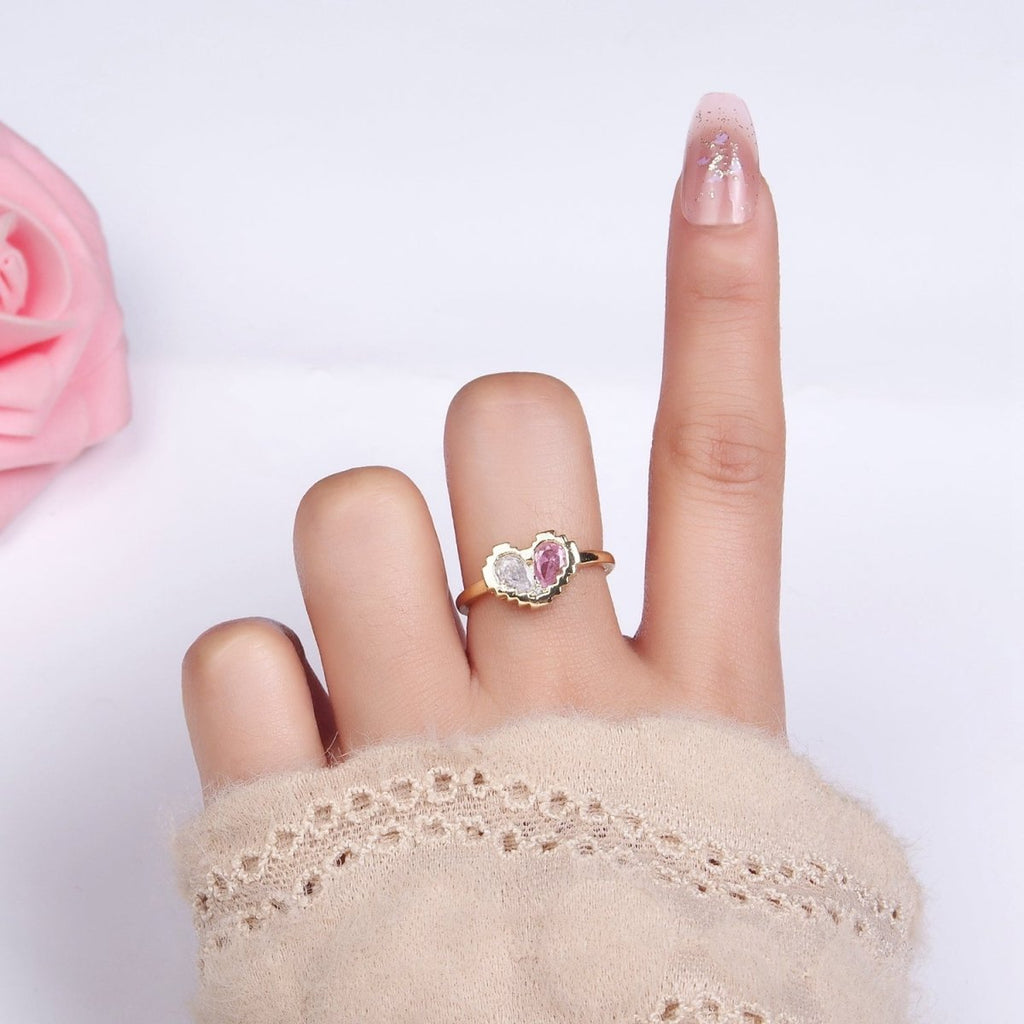 14K Gold plated Pink Clear Teardrop CZ Heart Pixel Bezel Ring in Gold & Silver | O1331 O1332
