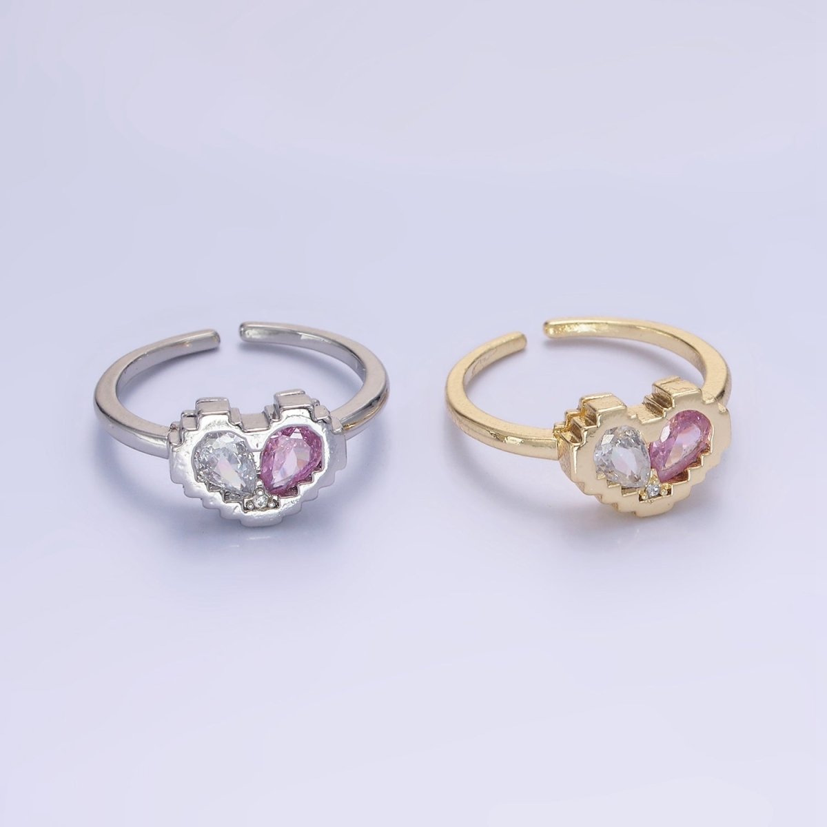 14K Gold plated Pink Clear Teardrop CZ Heart Pixel Bezel Ring in Gold & Silver | O1331 O1332