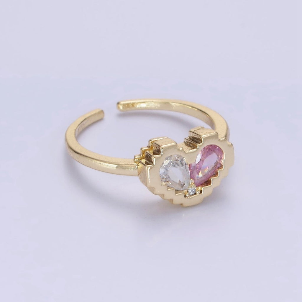 14K Gold plated Pink Clear Teardrop CZ Heart Pixel Bezel Ring in Gold & Silver | O1331 O1332