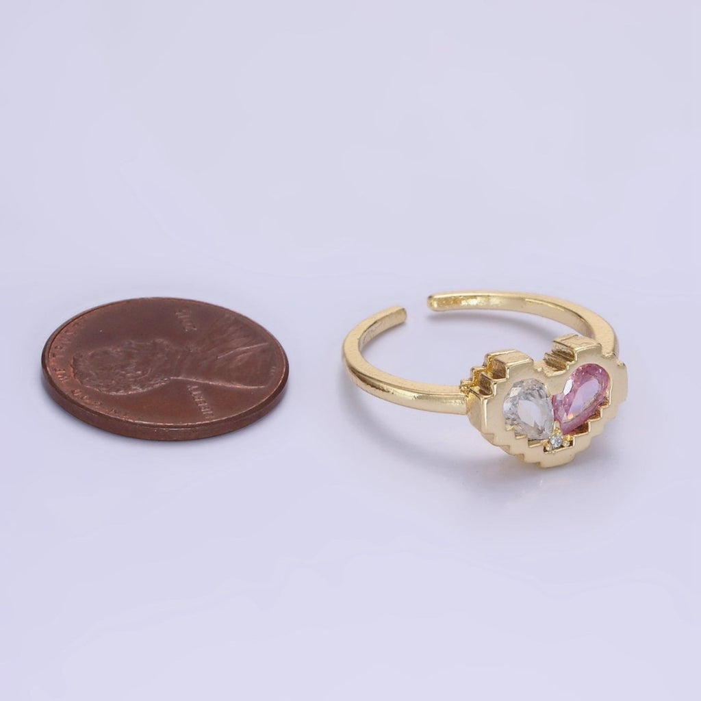14K Gold plated Pink Clear Teardrop CZ Heart Pixel Bezel Ring in Gold & Silver | O1331 O1332