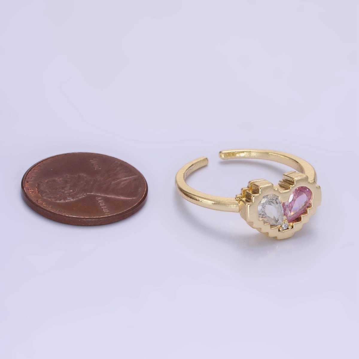 14K Gold plated Pink Clear Teardrop CZ Heart Pixel Bezel Ring in Gold & Silver | O1331 O1332