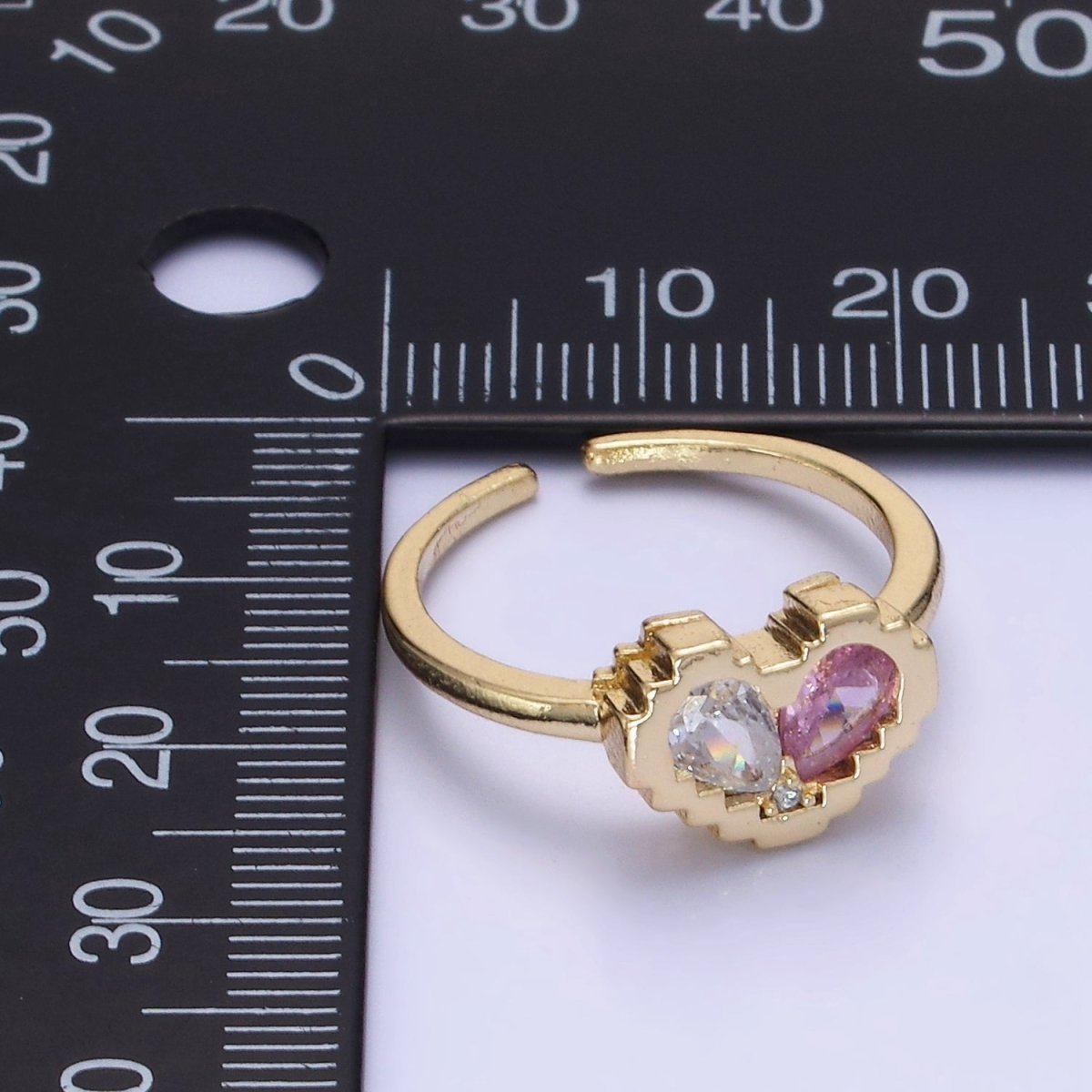 14K Gold plated Pink Clear Teardrop CZ Heart Pixel Bezel Ring in Gold & Silver | O1331 O1332