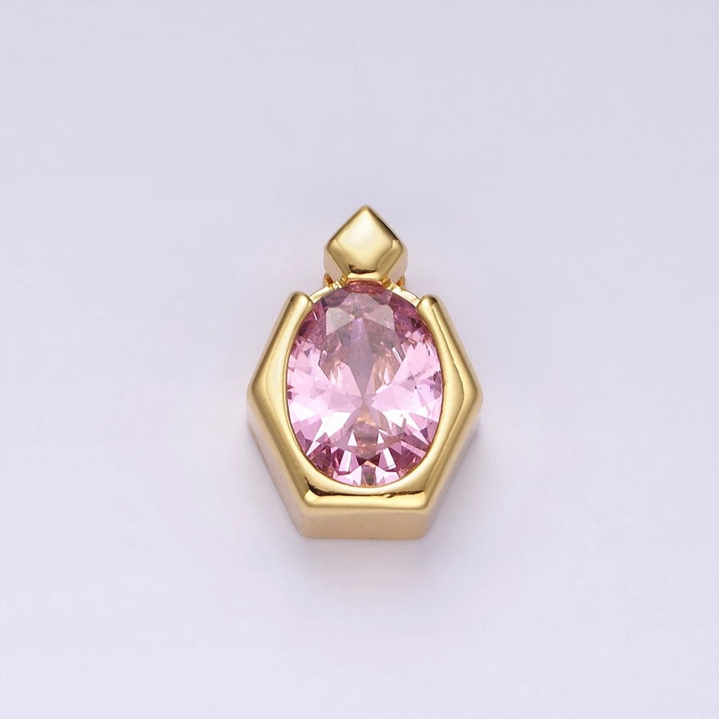 14K Gold plated Pink CZ Oval Hexagonal Rhombus Bail Pendant | N1920 - DLUXCA