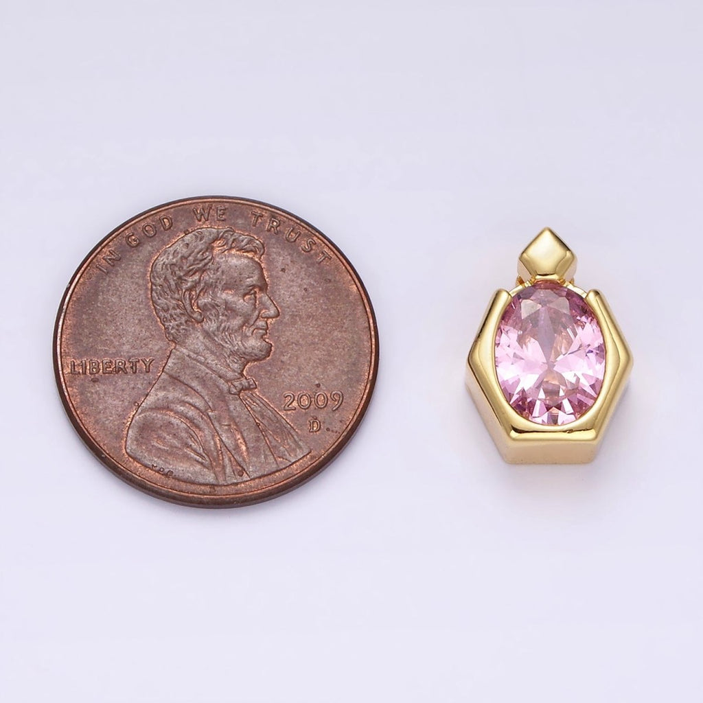 14K Gold plated Pink CZ Oval Hexagonal Rhombus Bail Pendant | N1920 - DLUXCA