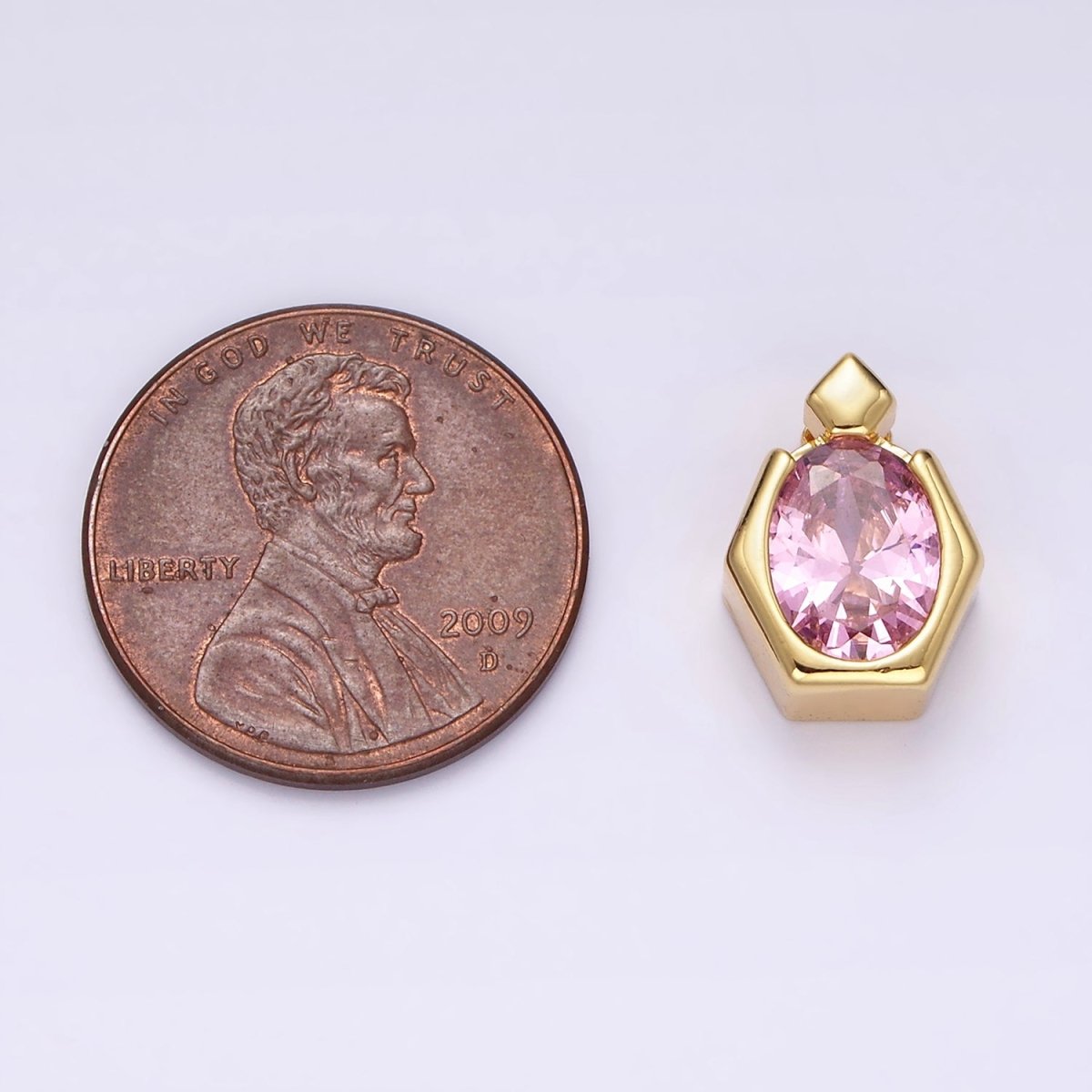 14K Gold plated Pink CZ Oval Hexagonal Rhombus Bail Pendant | N1920 - DLUXCA