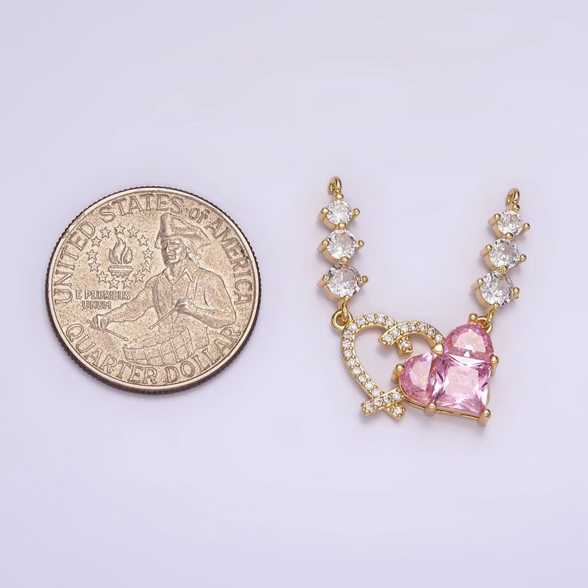 14K Gold plated Pink CZ Pixelated Micro Paved Open Heart Triple CZ Connector in Gold & Silver | G-082 G-083