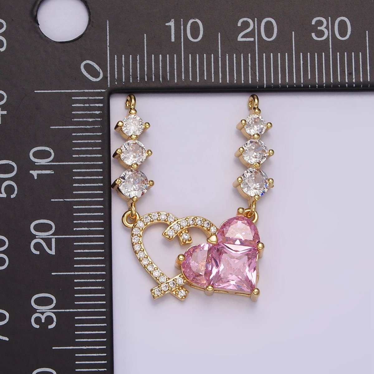 14K Gold plated Pink CZ Pixelated Micro Paved Open Heart Triple CZ Connector in Gold & Silver | G-082 G-083