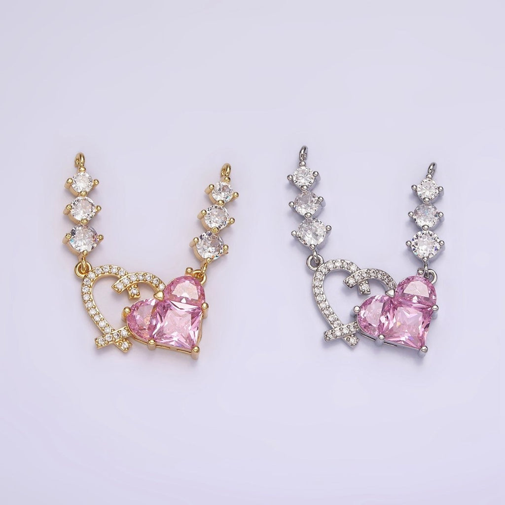 14K Gold plated Pink CZ Pixelated Micro Paved Open Heart Triple CZ Connector in Gold & Silver | G-082 G-083