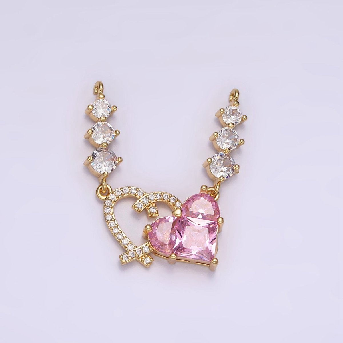 14K Gold plated Pink CZ Pixelated Micro Paved Open Heart Triple CZ Connector in Gold & Silver | G-082 G-083