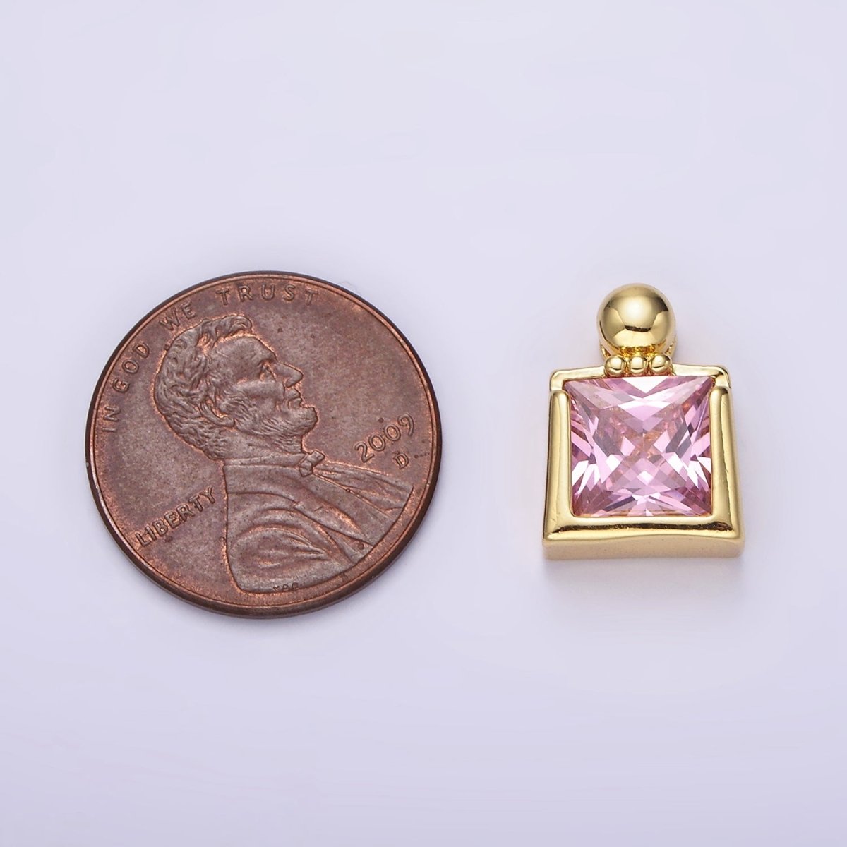 14K Gold plated Pink CZ Square Ball Bail Pendant | N1923 - DLUXCA