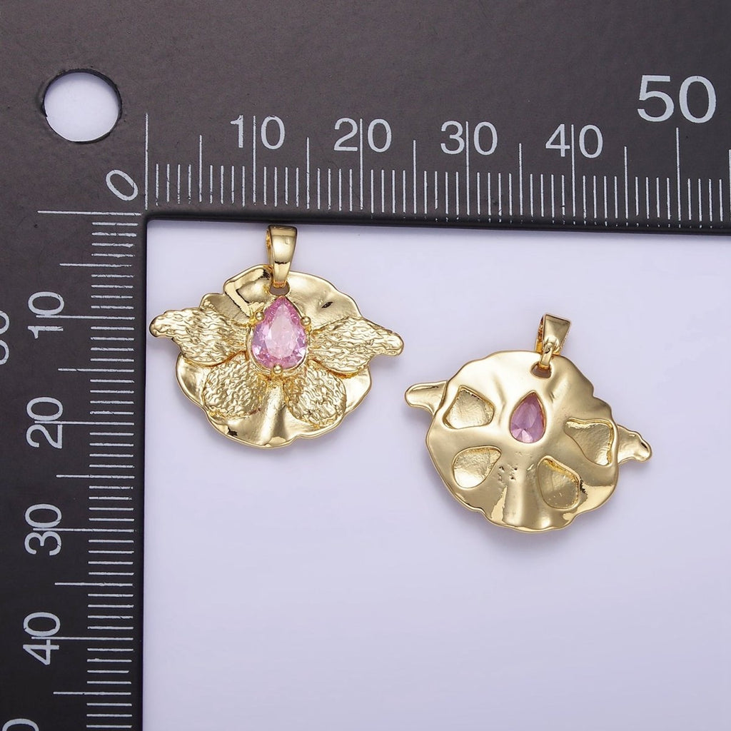 14K Gold plated Pink CZ Teardrop Butterfly Wings Hammered Pendant | AH144 - DLUXCA