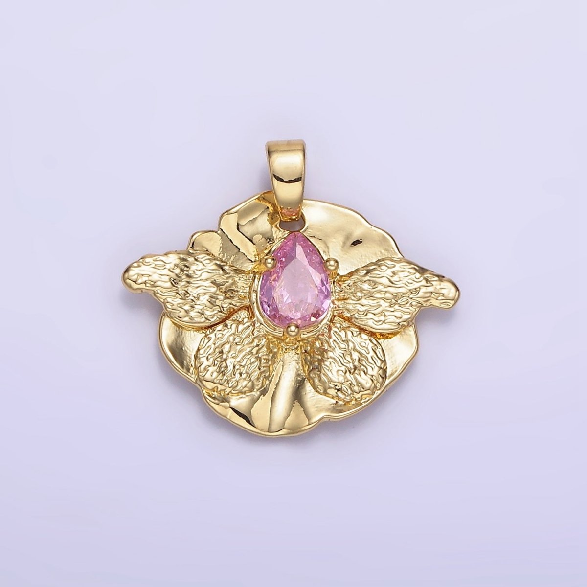 14K Gold plated Pink CZ Teardrop Butterfly Wings Hammered Pendant | AH144 - DLUXCA