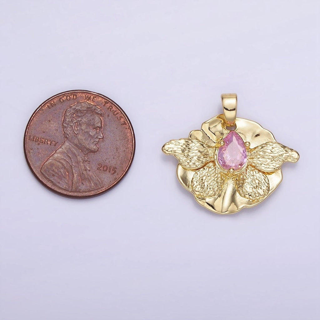 14K Gold plated Pink CZ Teardrop Butterfly Wings Hammered Pendant | AH144 - DLUXCA