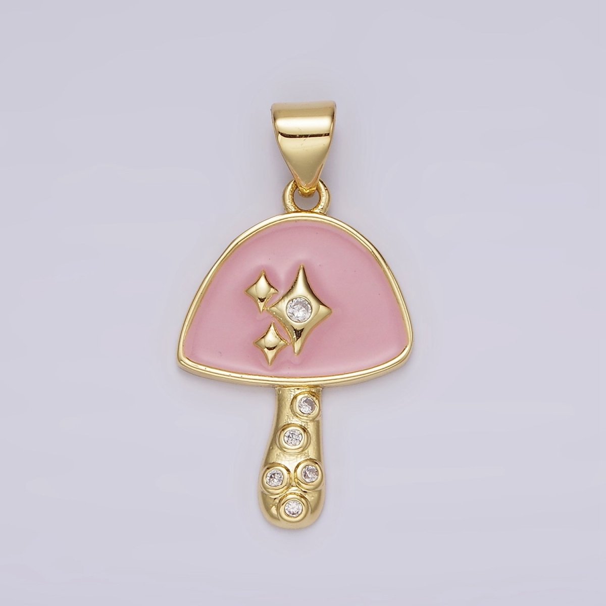 14K Gold plated Pink Enamel CZ Sparkle Mushroom Pendant | AH076 - DLUXCA