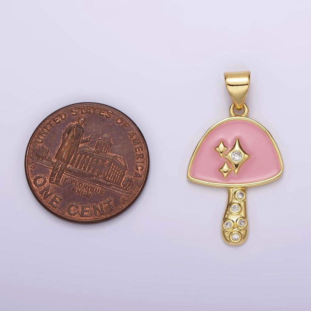 14K Gold plated Pink Enamel CZ Sparkle Mushroom Pendant | AH076 - DLUXCA