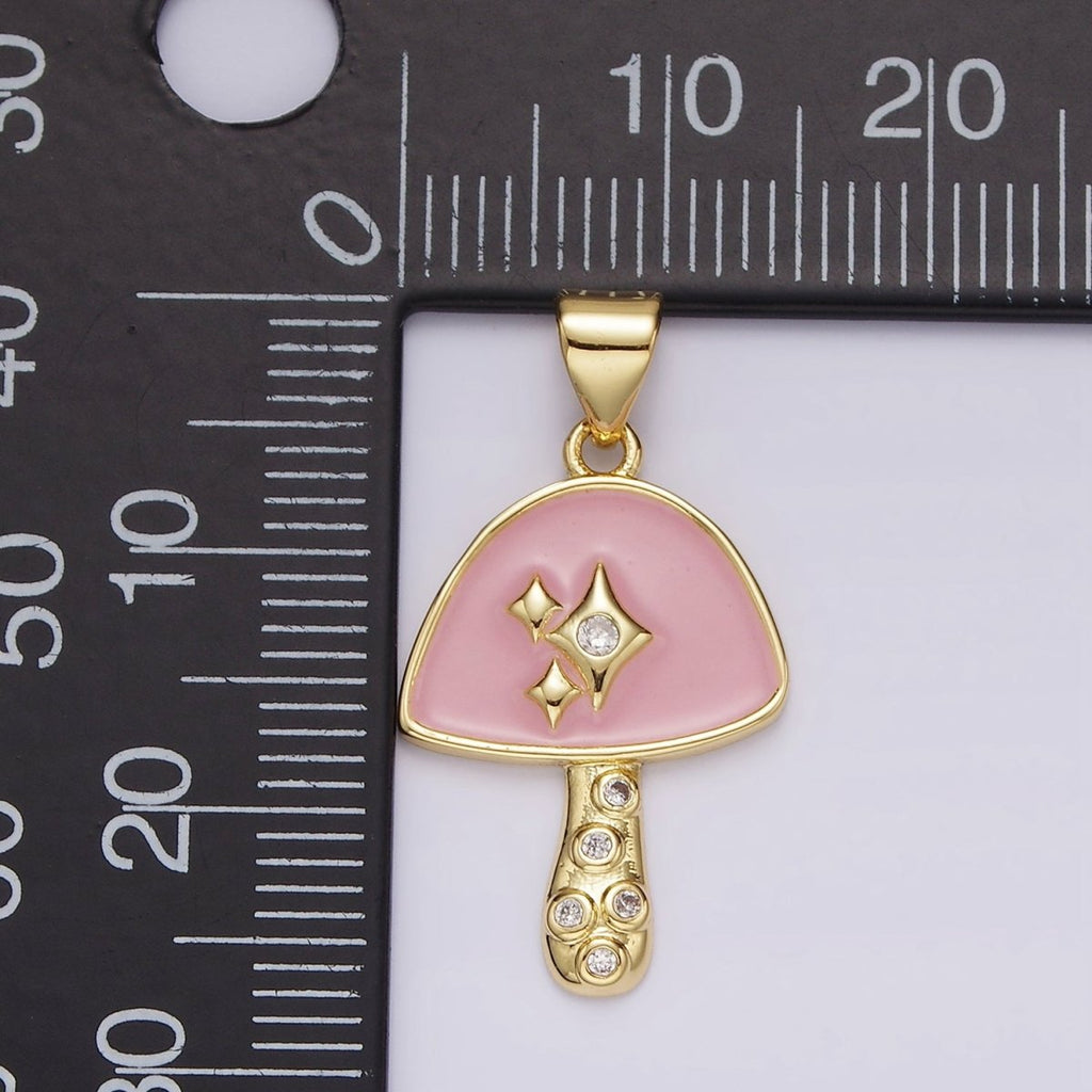 14K Gold plated Pink Enamel CZ Sparkle Mushroom Pendant | AH076 - DLUXCA