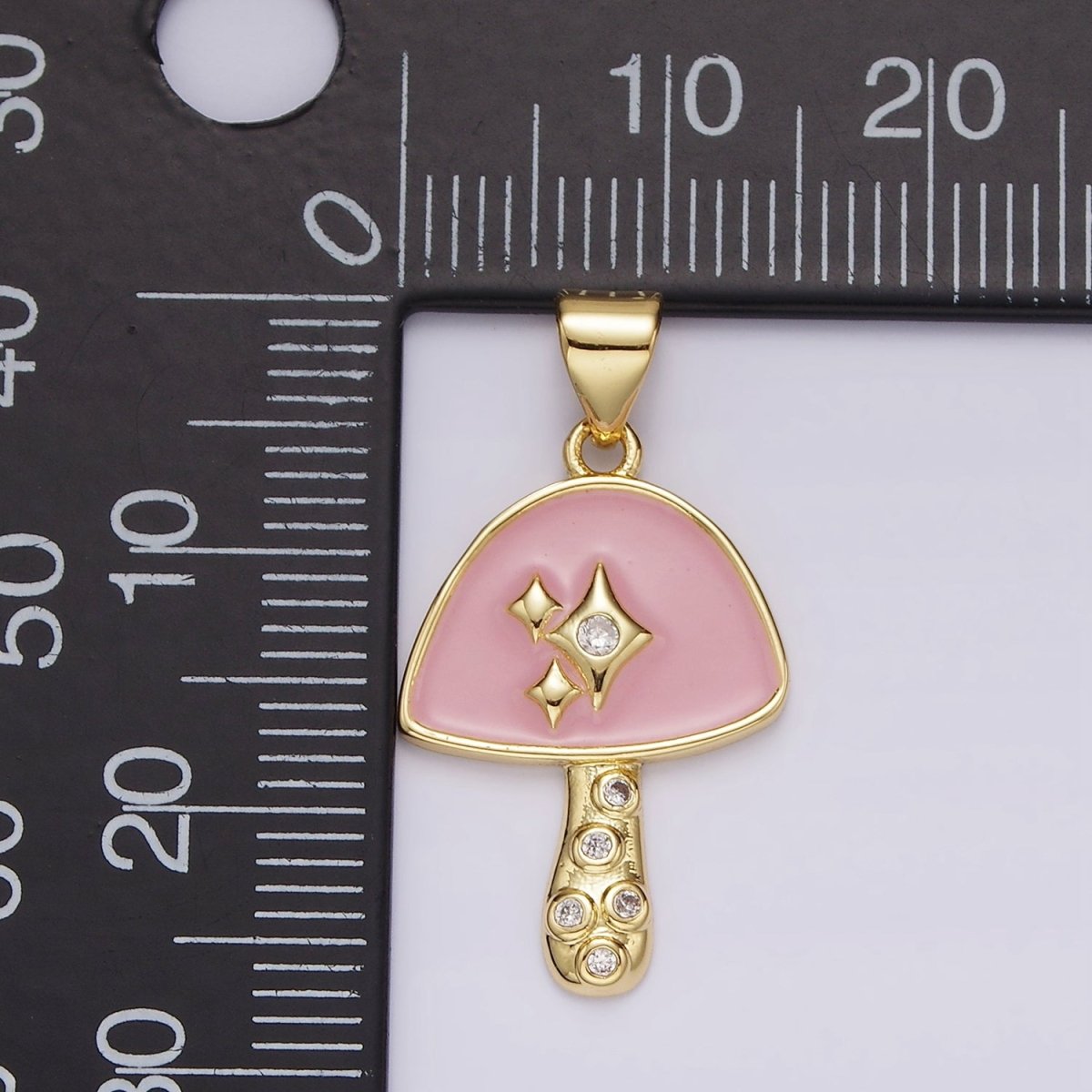 14K Gold plated Pink Enamel CZ Sparkle Mushroom Pendant | AH076 - DLUXCA