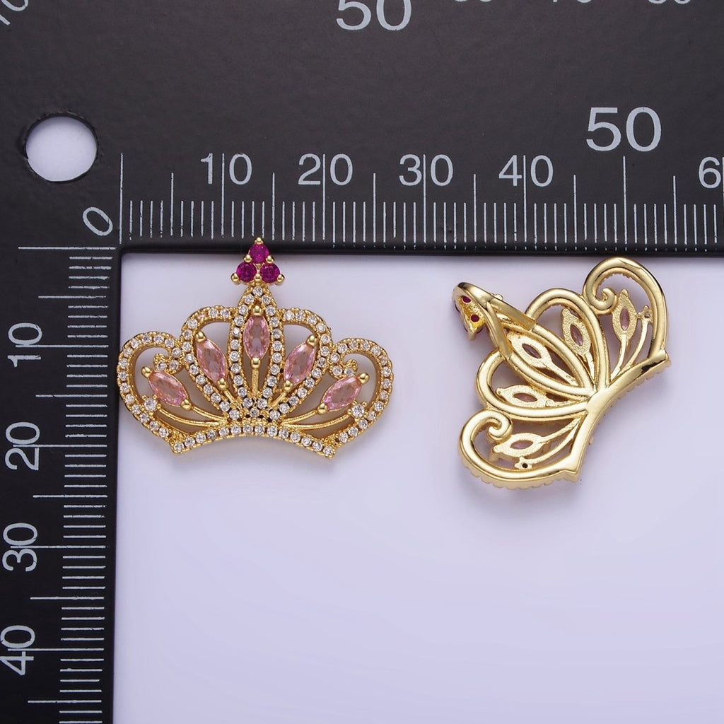 14K Gold plated Pink Marquise Micro Paved CZ Open Royal Crown Pendant | AA1135 - DLUXCA