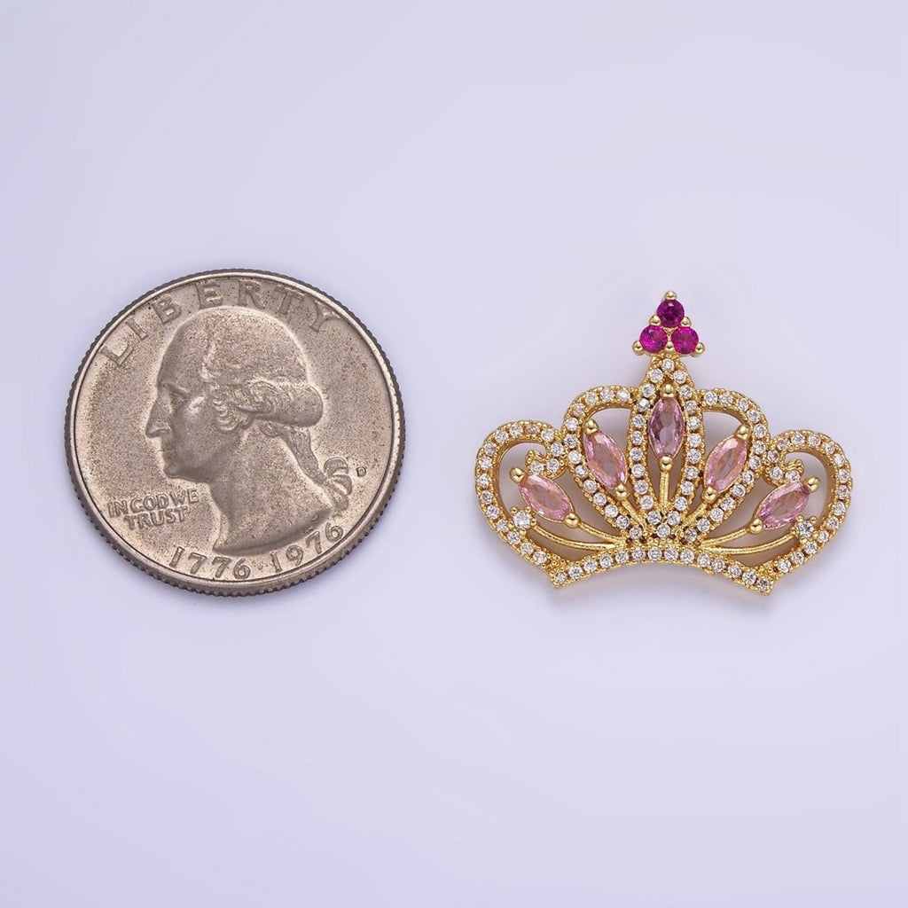 14K Gold plated Pink Marquise Micro Paved CZ Open Royal Crown Pendant | AA1135 - DLUXCA