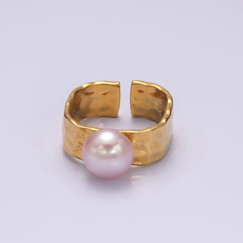 14K Gold plated Pink Pearl Hammered Wide Band Ring in Gold & Silver | O1098 O1099