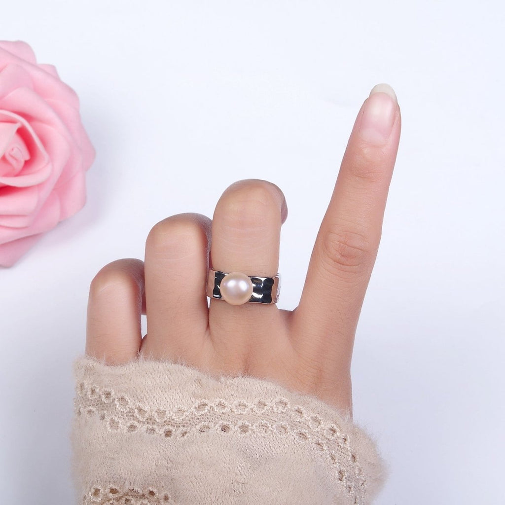 14K Gold plated Pink Pearl Hammered Wide Band Ring in Gold & Silver | O1098 O1099