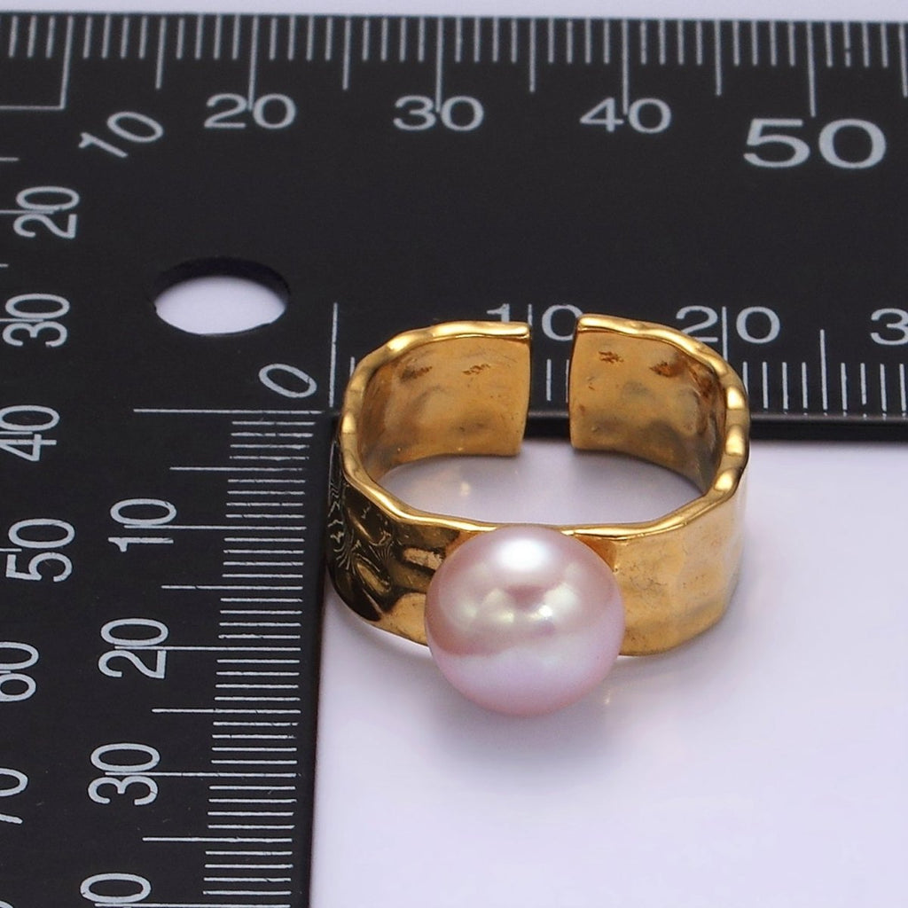 14K Gold plated Pink Pearl Hammered Wide Band Ring in Gold & Silver | O1098 O1099