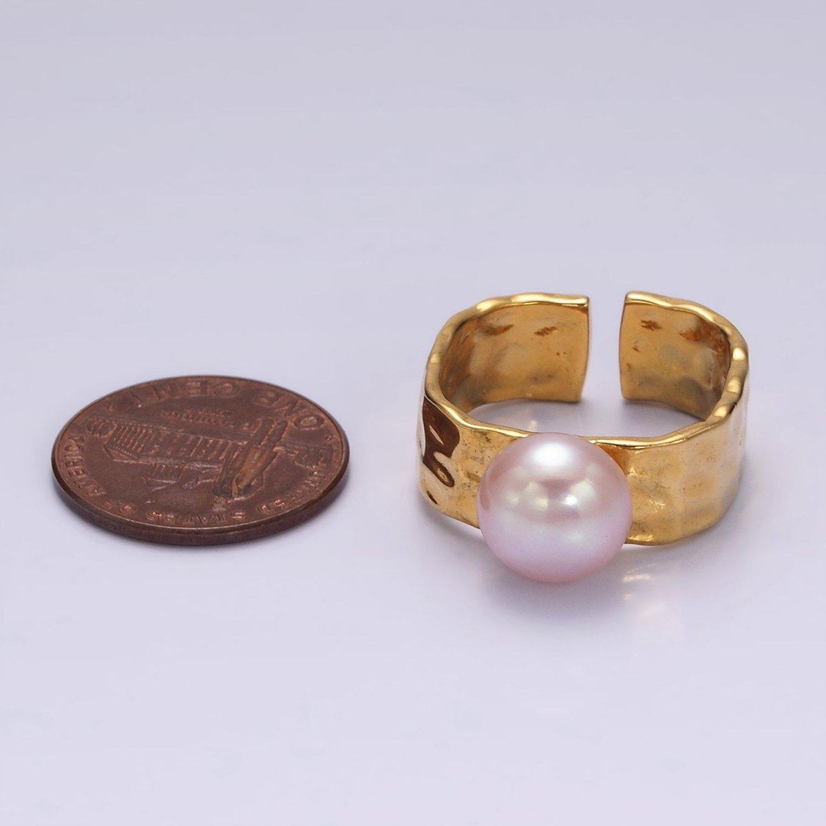 14K Gold plated Pink Pearl Hammered Wide Band Ring in Gold & Silver | O1098 O1099