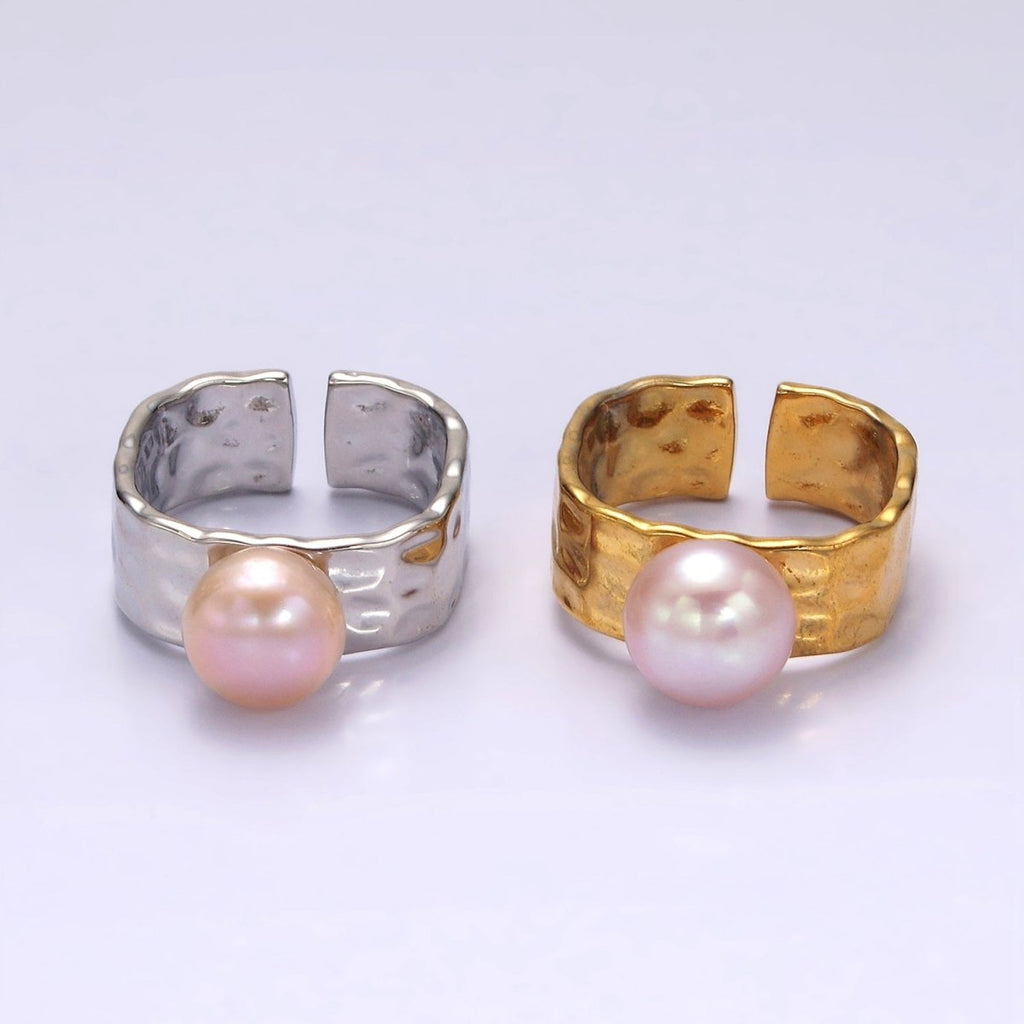 14K Gold plated Pink Pearl Hammered Wide Band Ring in Gold & Silver | O1098 O1099
