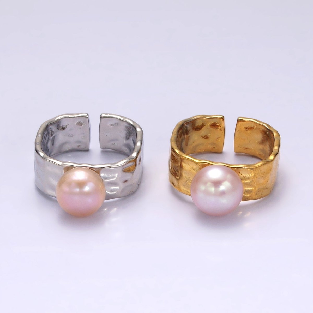 14K Gold plated Pink Pearl Hammered Wide Band Ring in Gold & Silver | O1098 O1099