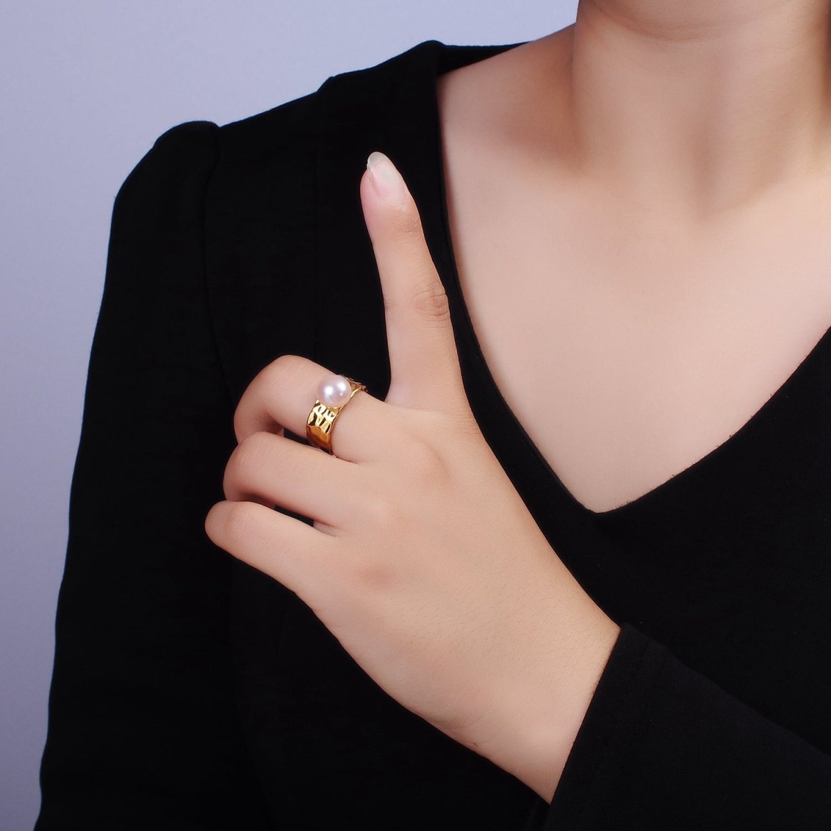 14K Gold plated Pink Pearl Hammered Wide Band Ring in Gold & Silver | O1098 O1099