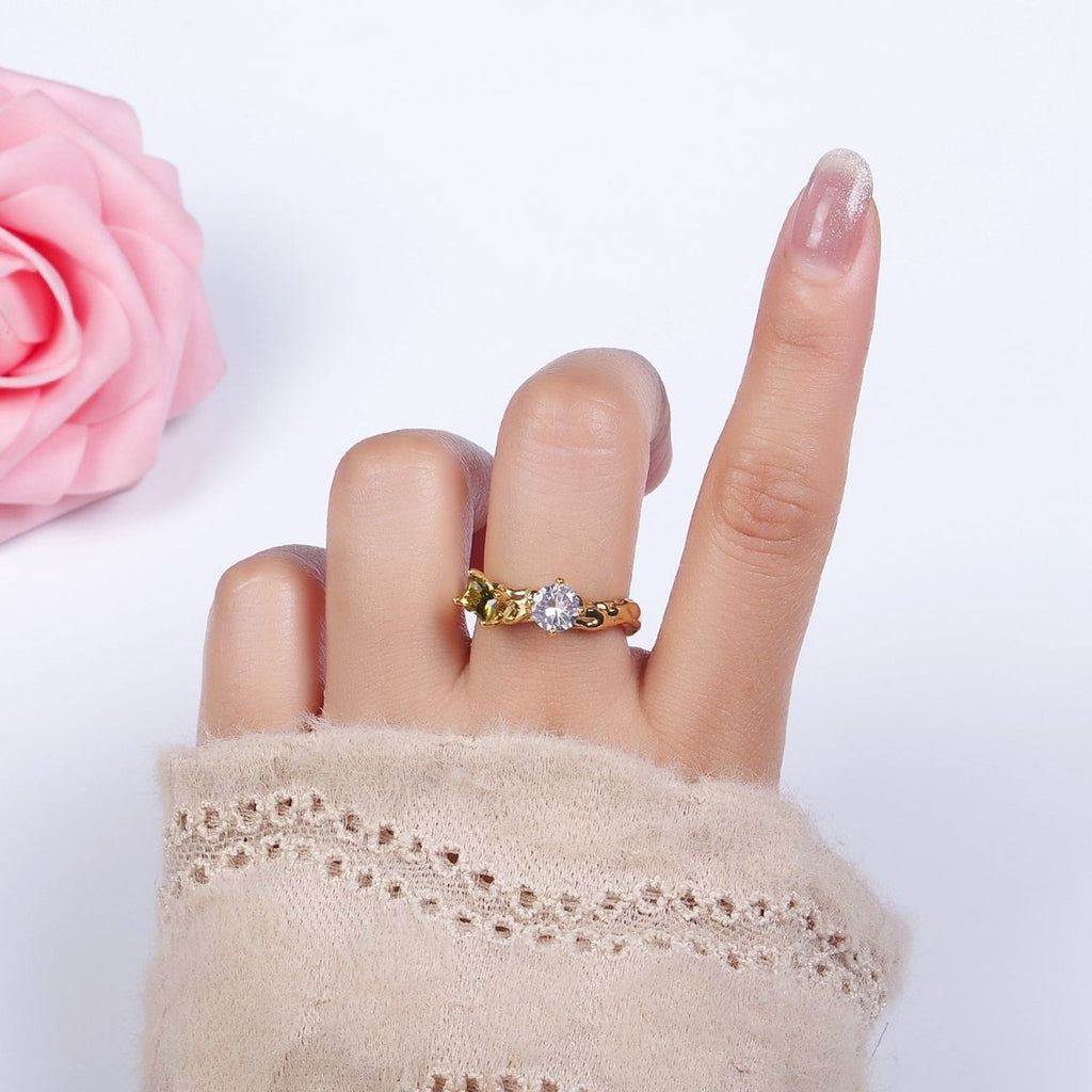14K Gold plated Pink, Peridot Baguette CZ Molten Ring | O570 O571 - DLUXCA