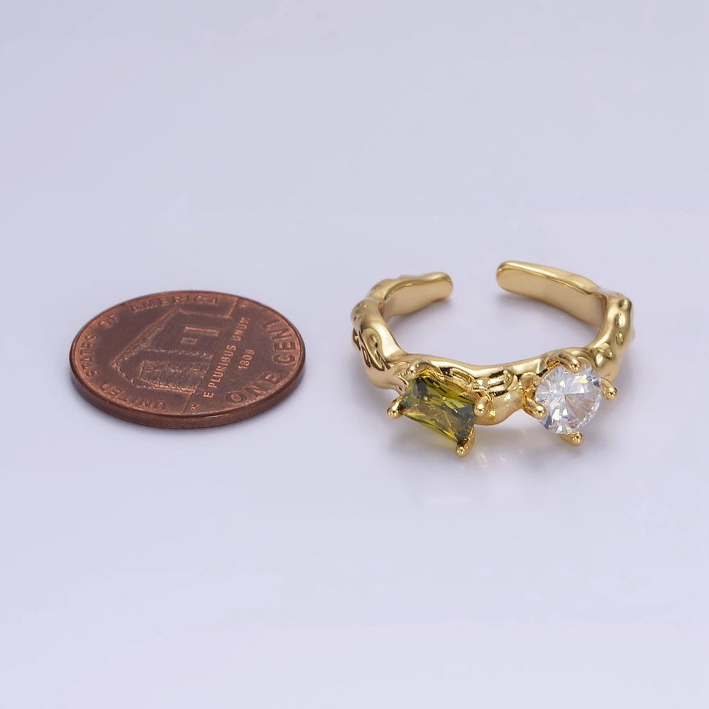 14K Gold plated Pink, Peridot Baguette CZ Molten Ring | O570 O571 - DLUXCA