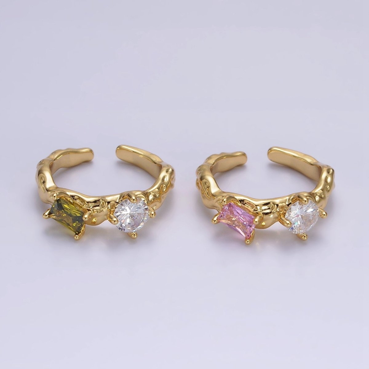 14K Gold plated Pink, Peridot Baguette CZ Molten Ring | O570 O571 - DLUXCA