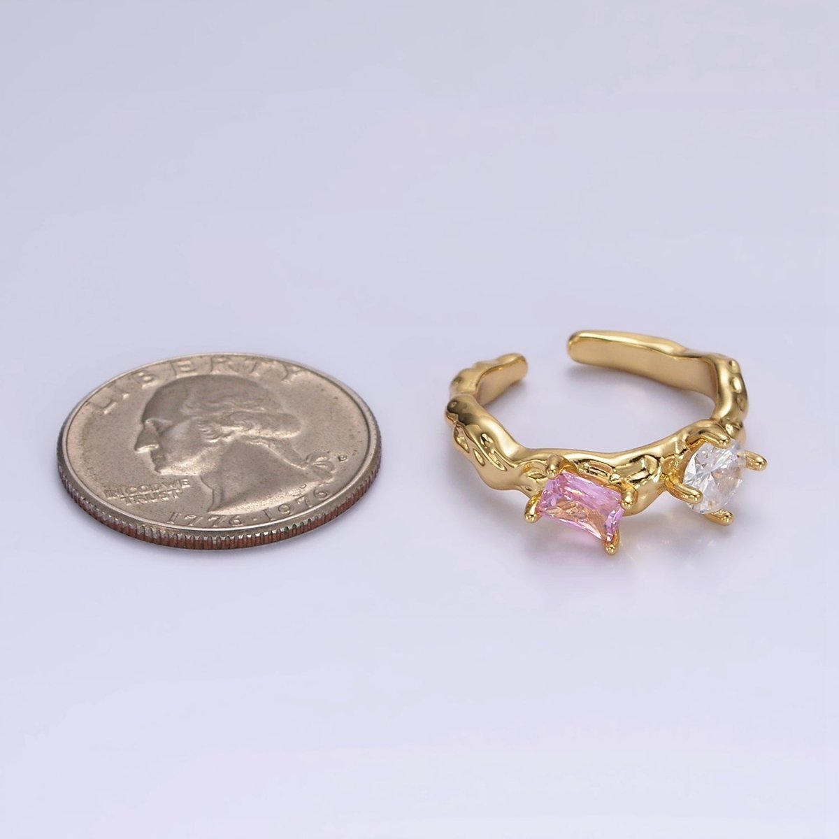 14K Gold plated Pink, Peridot Baguette CZ Molten Ring | O570 O571 - DLUXCA