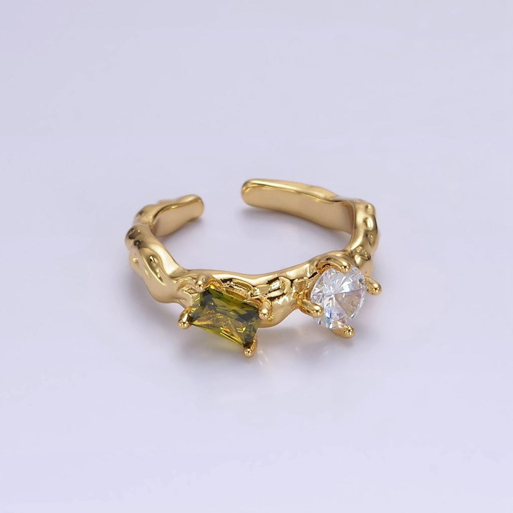 14K Gold plated Pink, Peridot Baguette CZ Molten Ring | O570 O571 - DLUXCA