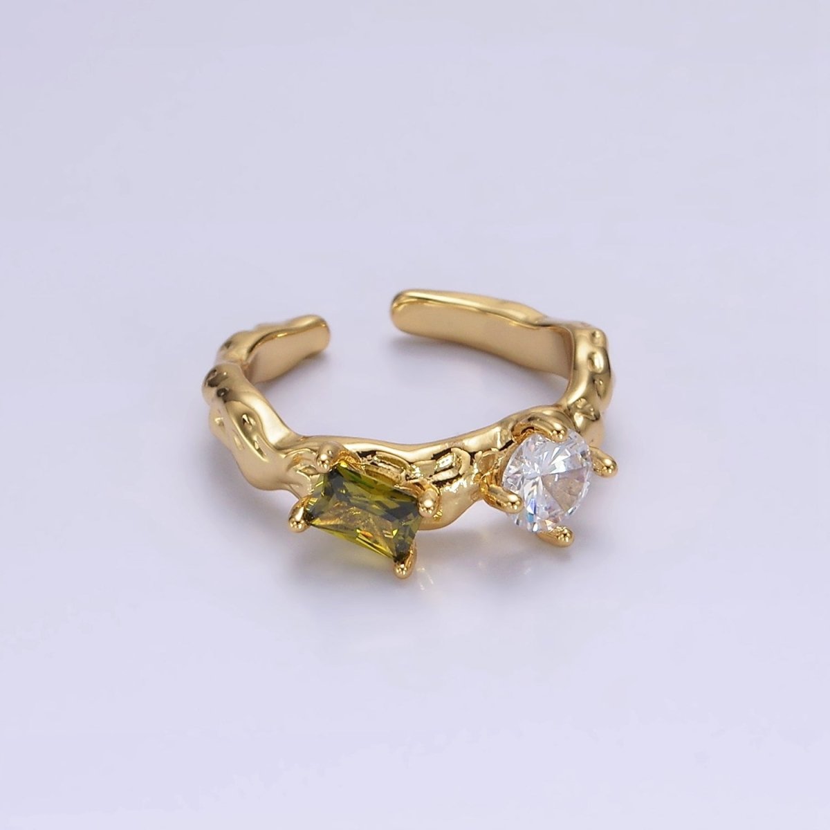 14K Gold plated Pink, Peridot Baguette CZ Molten Ring | O570 O571 - DLUXCA