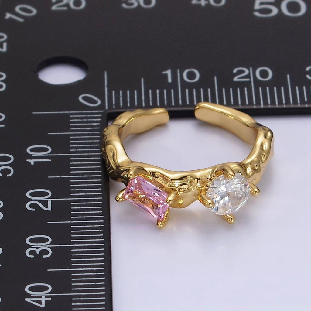 14K Gold plated Pink, Peridot Baguette CZ Molten Ring | O570 O571 - DLUXCA