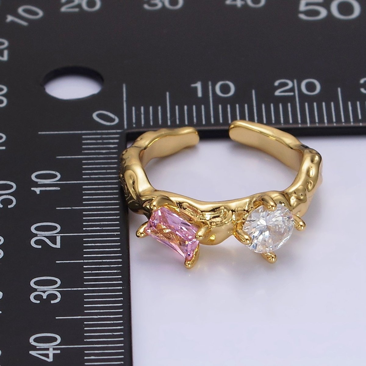 14K Gold plated Pink, Peridot Baguette CZ Molten Ring | O570 O571 - DLUXCA